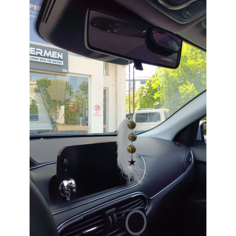 Disko Toplu Metal Yıldız Dikiz Ayna Süsü Beyaz Tüylü