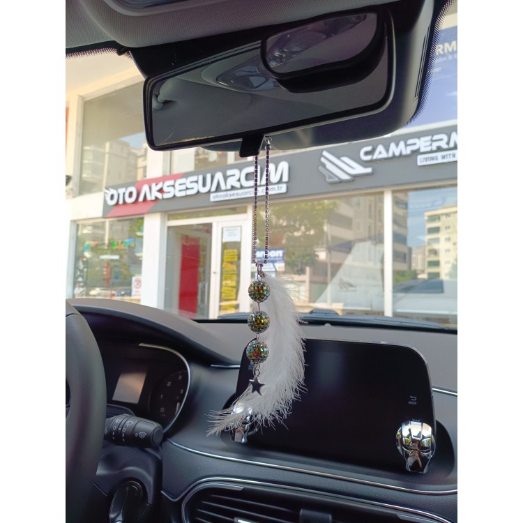 Disko Toplu Metal Yıldız Dikiz Ayna Süsü Beyaz Tüylü