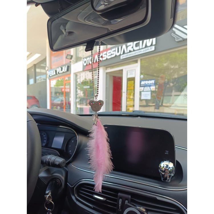 Pandalı Model Metal Yıldız Dikiz Ayna Süsü Şeker Pembe Tüylü