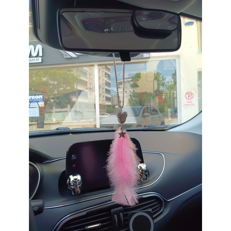 Pandalı Model Metal Yıldız Dikiz Ayna Süsü Şeker Pembe Tüylü