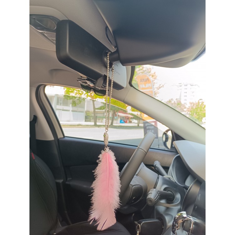 Pandalı Model Metal Yıldız Dikiz Ayna Süsü Şeker Pembe Tüylü