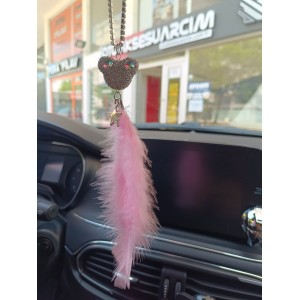 Pandalı Model Metal Yıldız Dikiz Ayna Süsü Şeker Pembe Tüylü