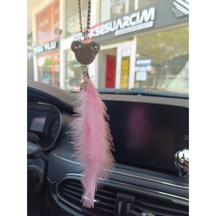 Pandalı Model Metal Yıldız Dikiz Ayna Süsü Şeker Pembe Tüylü