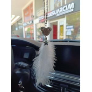 Pandalı Model Metal Yıldız Dikiz Ayna Süsü Beyaz Tüylü