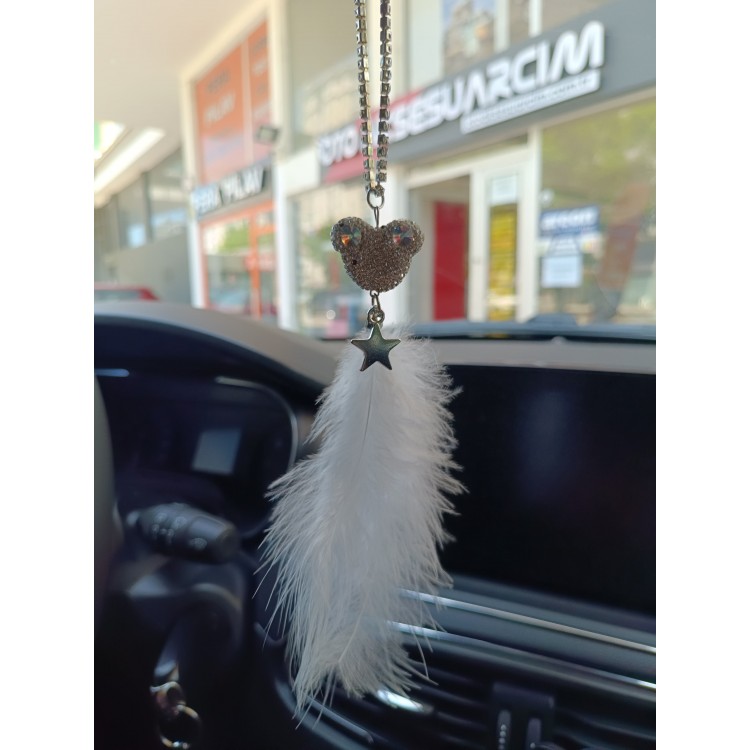 Pandalı Model Metal Yıldız Dikiz Ayna Süsü Beyaz Tüylü