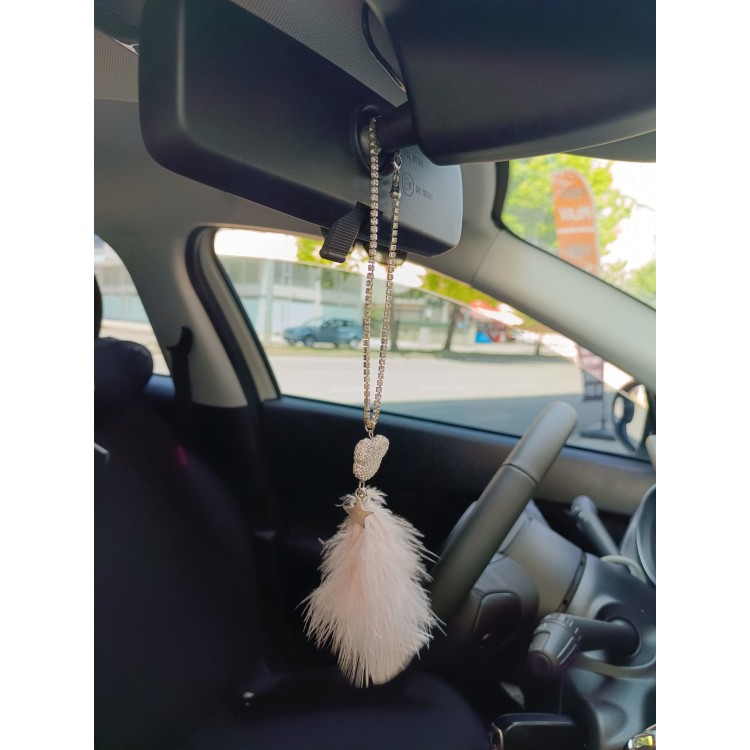 Pandalı Model Metal Yıldız Dikiz Ayna Süsü Pudra Pembe Tüylü