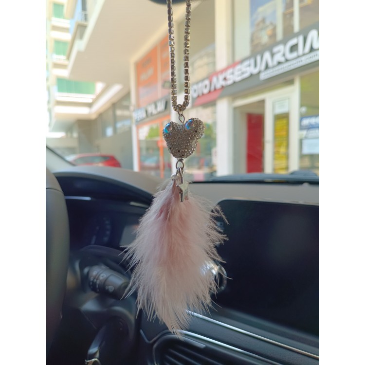 Pandalı Model Metal Yıldız Dikiz Ayna Süsü Pudra Pembe Tüylü