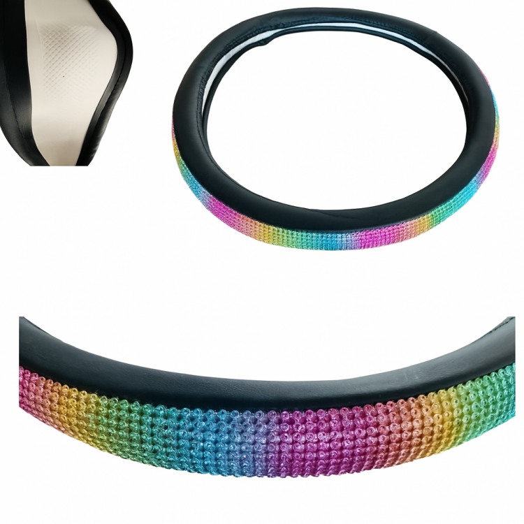 Gökkuşağı Taşlı Geçmeli Direksiyon Kılıfı-Siyah Derili Gökkuşağı Taşlı Geçmeli Direksiyon Kılıfı-Siyah Derili