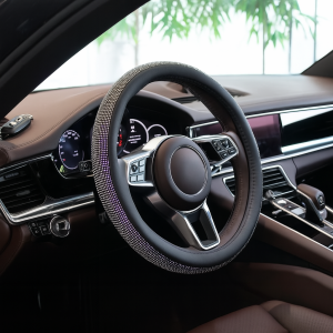 Kristal Taşlı Geçmeli Direksiyon Kılıfı-Siyah Derili