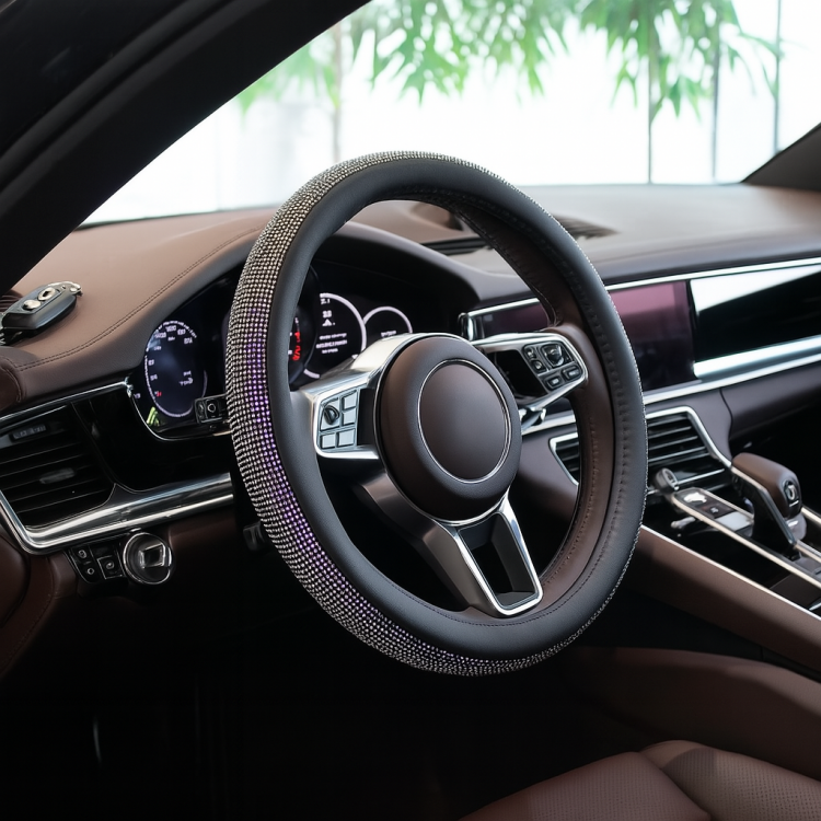 Kristal Taşlı Geçmeli Direksiyon Kılıfı-Siyah Derili Kristal Taşlı Geçmeli Direksiyon Kılıfı-Siyah Derili