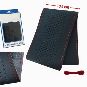Lüx Desenli Deri Dikme Direksiyon Kılıfı 38-40cm Siyah Kırmızı Dikişli OND361