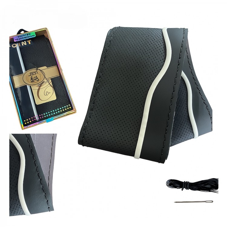 Lüx Desenli Deri Dikme Direksiyon Kılıfı 38-40cm Siyah-Beyaz Şeritli OND374