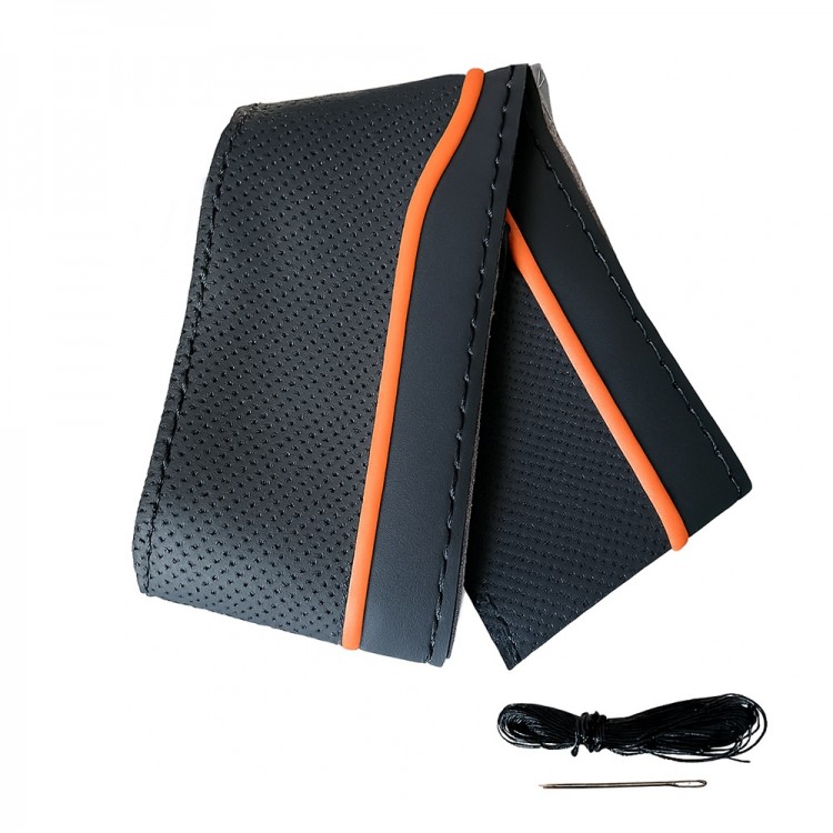 Lüx Desenli Deri Dikme Direksiyon Kılıfı 38-40cm Siyah-Turuncu Şeritli OND374