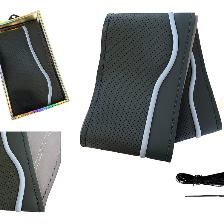 Lüx Desenli Deri Dikme Direksiyon Kılıfı 38-40cm Siyah-Gri Şeritli OND376