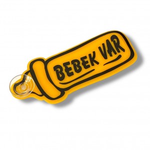 Bebek Var Yazılı Plaka Vantuzlu Pleksi Cam Süsü 13x5cm Sarı Siyah