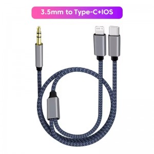 Type-C Lighting Android iPhone IOS Uyumlu Çift Girişli 3.5mm Jack AUX Dönüştürücü Kablo