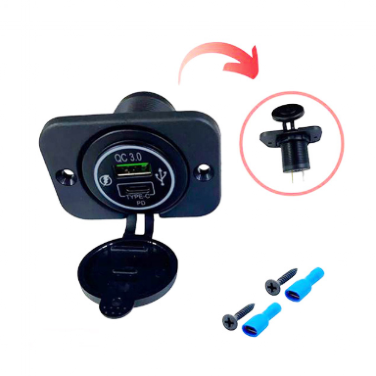 Oto Çakmaklık Şarj Soketi Marine Pano Tip 2 USB QC 3.0 Type-C PD Hızlı Şarj 12-24v