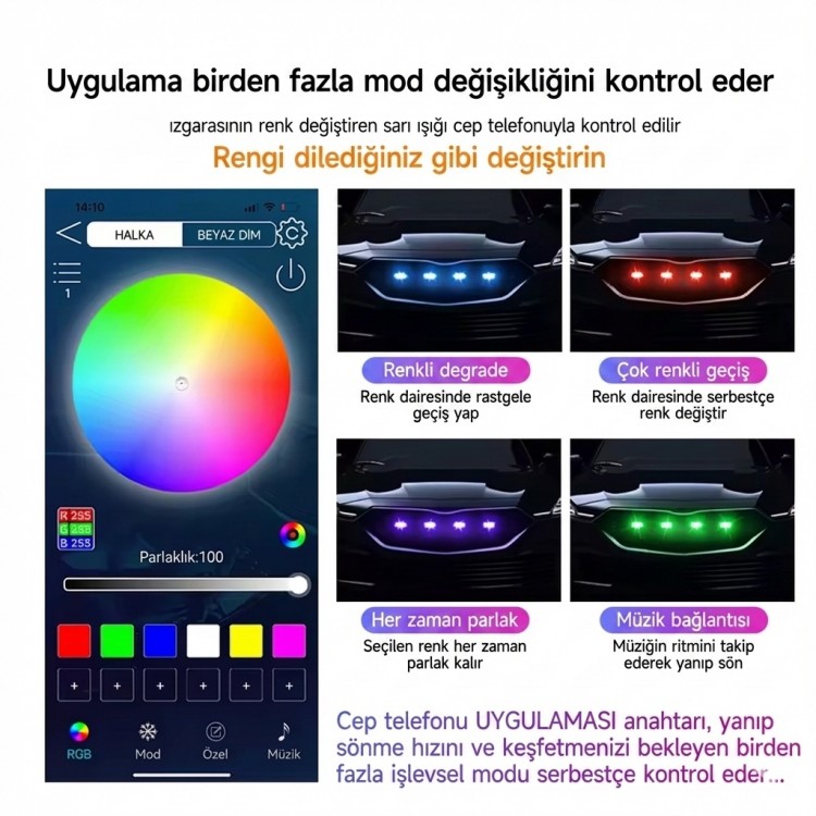 RGB APP Telefon Kontrollü SUV Off-Road Ön Izgara Panjur LED Aydınlatma 12V 4'lü Set