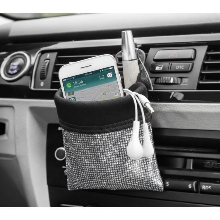 Kristal Taşlı Araç İçi Kese Ceplik Organizer Torpido Yanı Eşya Düzenleyici Kalemlik Telefonluk Gümüş