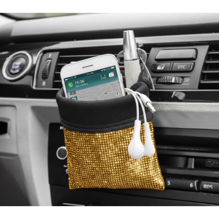 Kristal Taşlı Araç İçi Kese Ceplik Organizer Torpido Yanı Eşya Düzenleyici Kalemlik Telefonluk Gold
