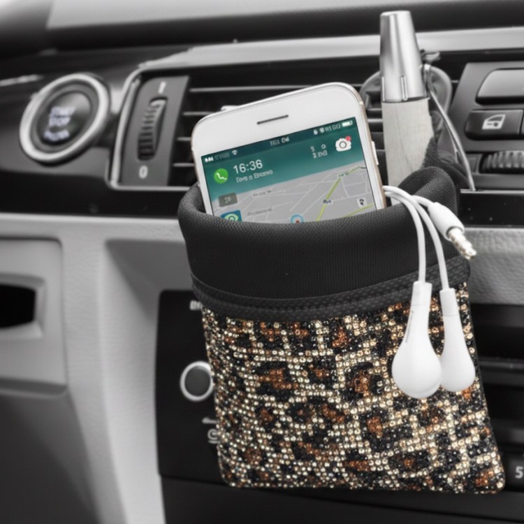 Kristal Taşlı Araç İçi Kese Ceplik Organizer Torpido Yanı Eşya Düzenleyici Kalemlik Telefonluk Leopar