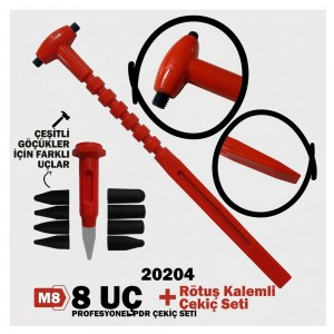 Boyasız Göçük Düzeltme (PDR) Çekiç ve Rötuş Kalemi Seti 8 Başlıklı Kırmızı