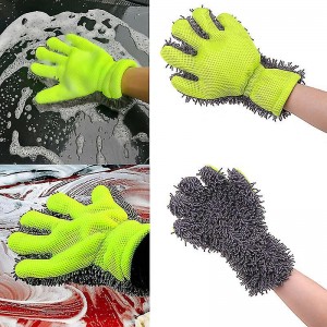 Çift Taraflı Mikrofiber Şönil Tüylü 5 Parmaklı Araba Oto Yıkama Temizlik Eldiveni Yeşil Gri