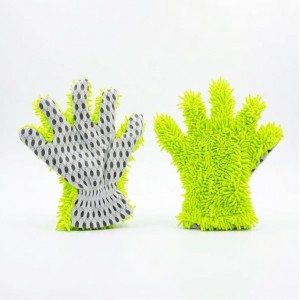 Çift Taraflı Mikrofiber Şönil Tüylü 5 Parmaklı Araba Oto Yıkama Temizlik Eldiveni Yeşil Beyaz