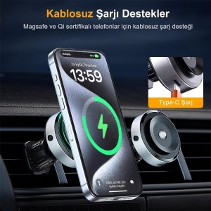 Vantuzlu Klima Havalandırmaya Takılan Magsafe IQ Şarjlı Telefon Tutucu Siyah