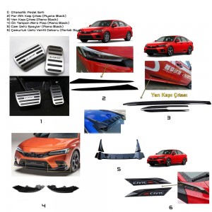 Honda Civic FE1 2022+ Uyumlu Pedal Seti Far Kaşı Flap Spoyler Vent Yan Kapı Çıtası Piyano Black 6 Parça Dönüşüm Seti