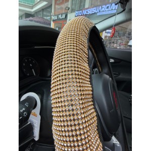 Parlak Kristal Taşlı Geçme Direksiyon Kılıfı 38 cm Altın
