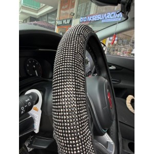 Parlak Kristal Taşlı Geçme Direksiyon Kılıfı 38 cm Füme