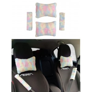 Peluş Ortopedik Araba Seyahat Boyun Yastığı Emniyet Kemer Pedi Seti Gökkuşağı